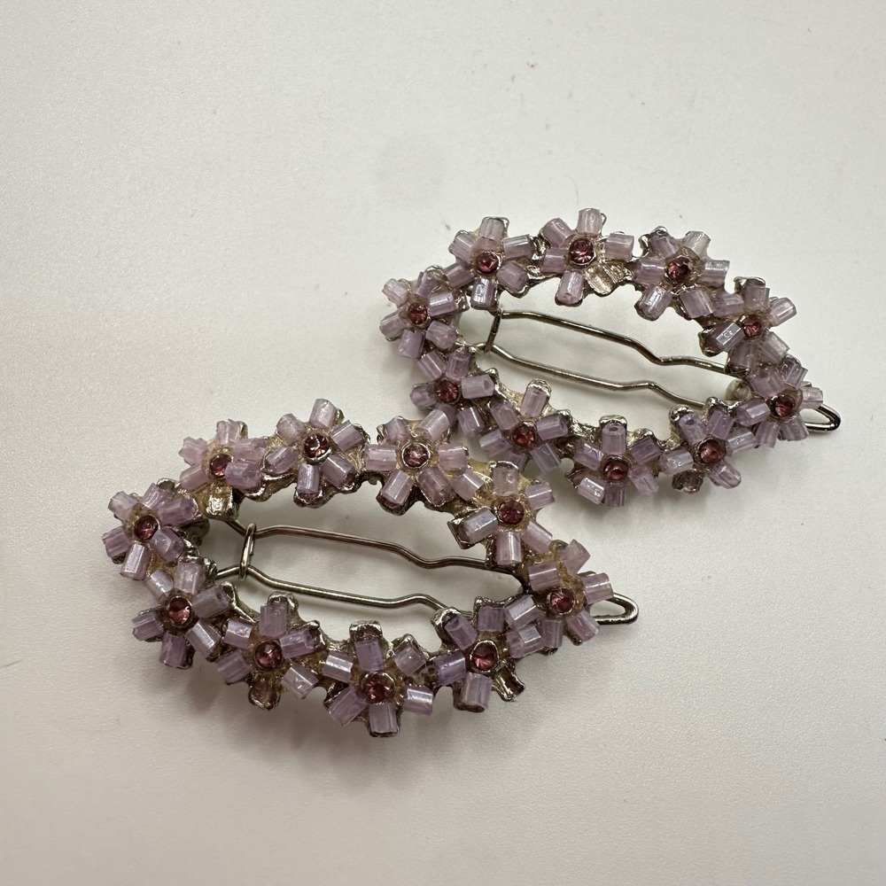 VTG Y2K Lavender Seed Bead Mauve Floral Hair Clips Barrettes Set Fairy Festival